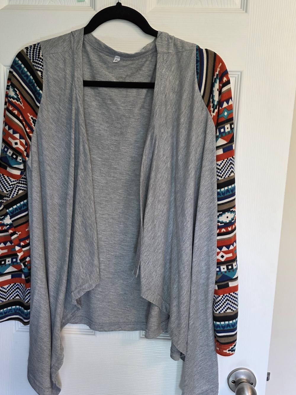 Grey Open-Front Cardigan with Patterned Aztec Sleeves